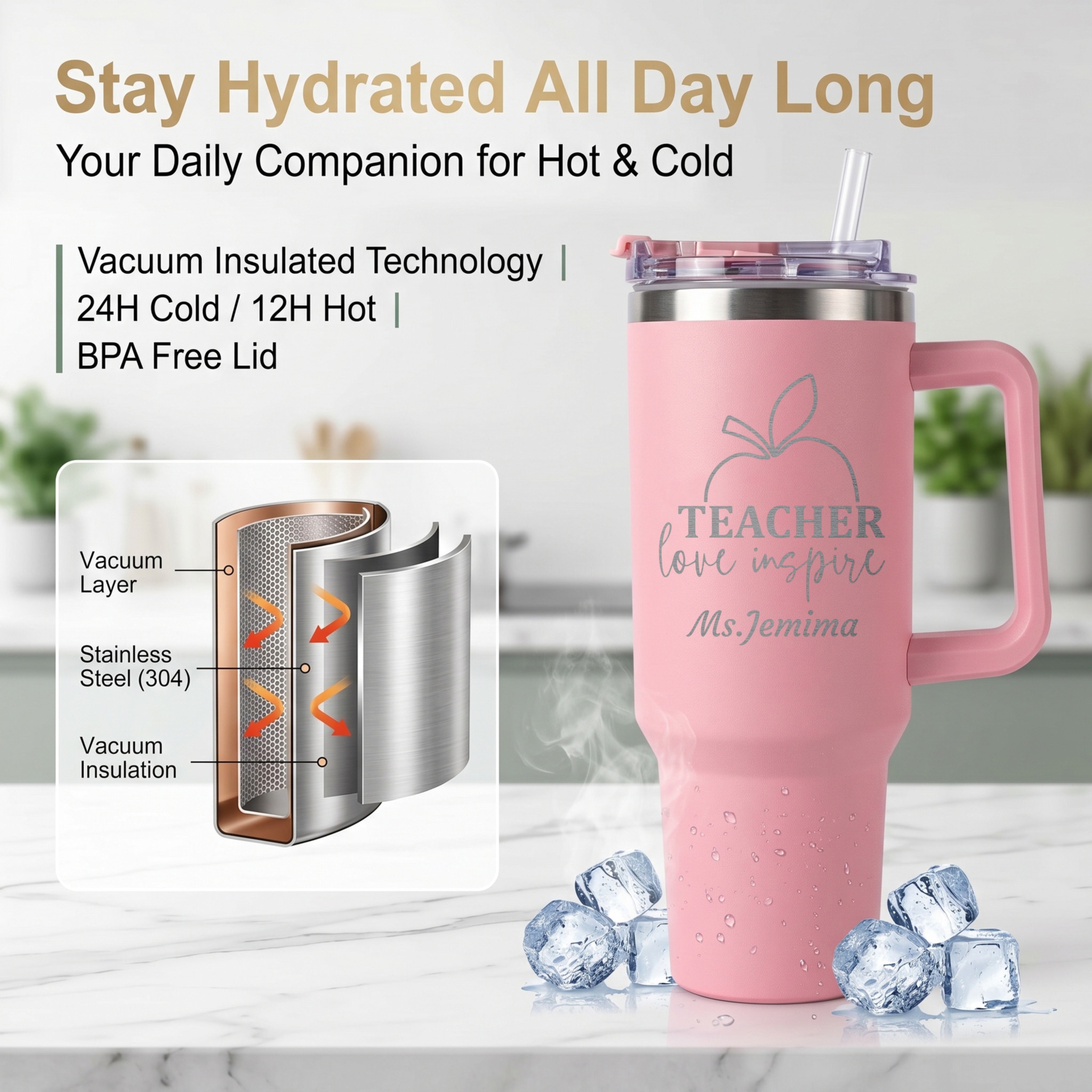 1L Teacher personalized text b – обзор и цена Stainless Steel Straw
